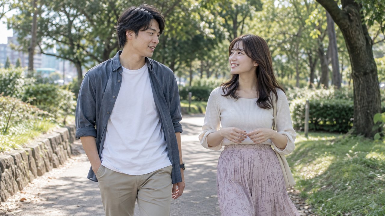 公園を歩きながら穏やかに話す成人の男女