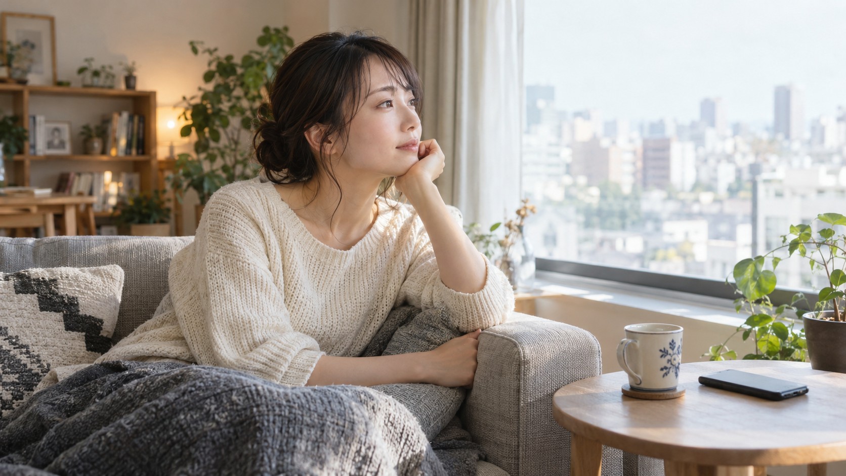 自宅のソファで一人でくつろぐ女性
