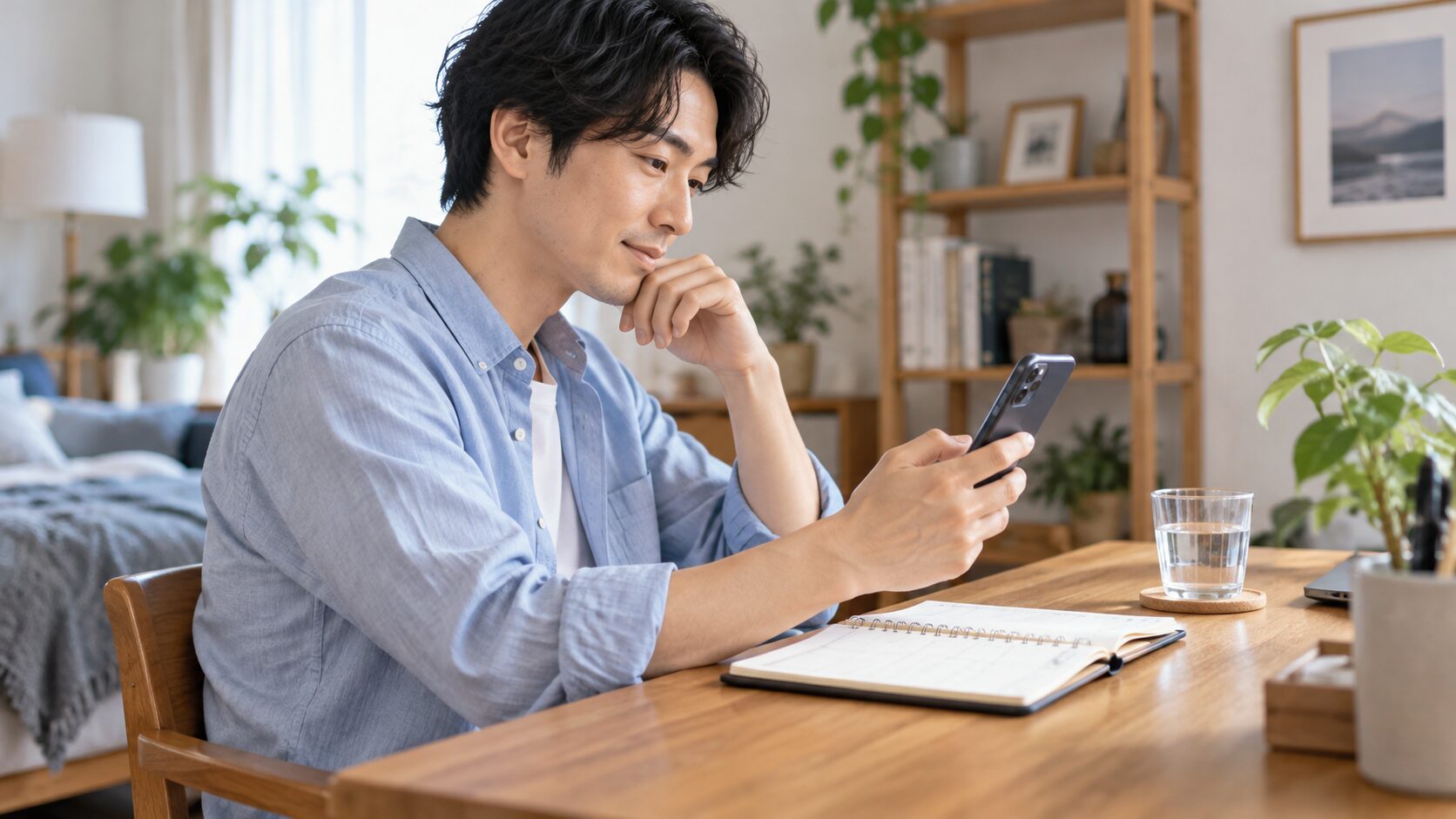 手帳を開いた机でスマートフォンを確認する男性