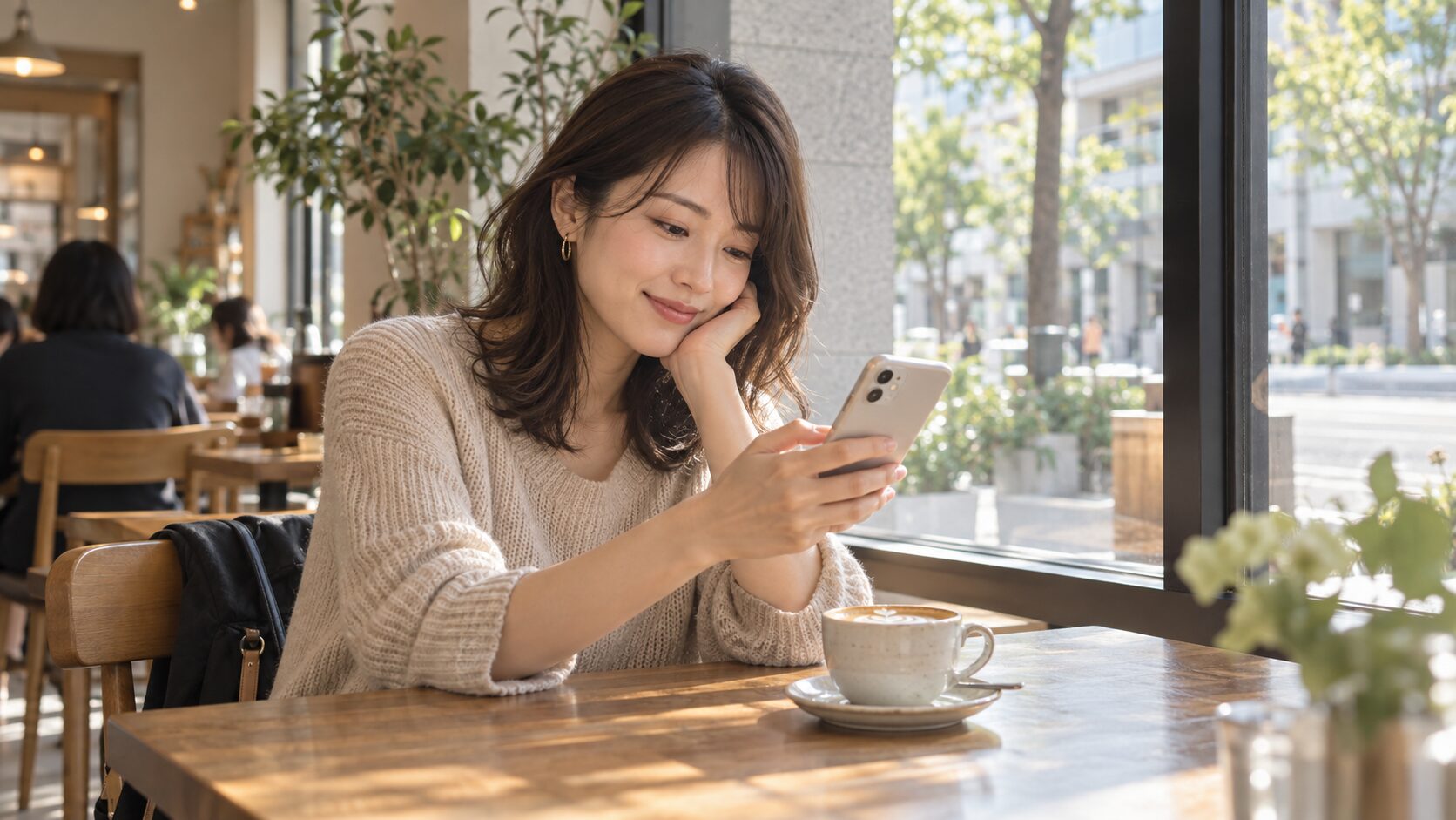 カフェの窓辺でスマートフォンを確認する女性