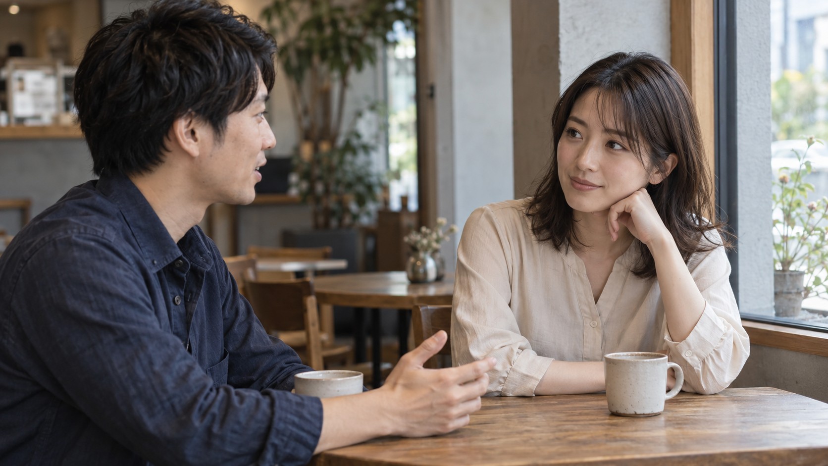 カフェで向かい合い男性の話を落ち着いて聞く女性