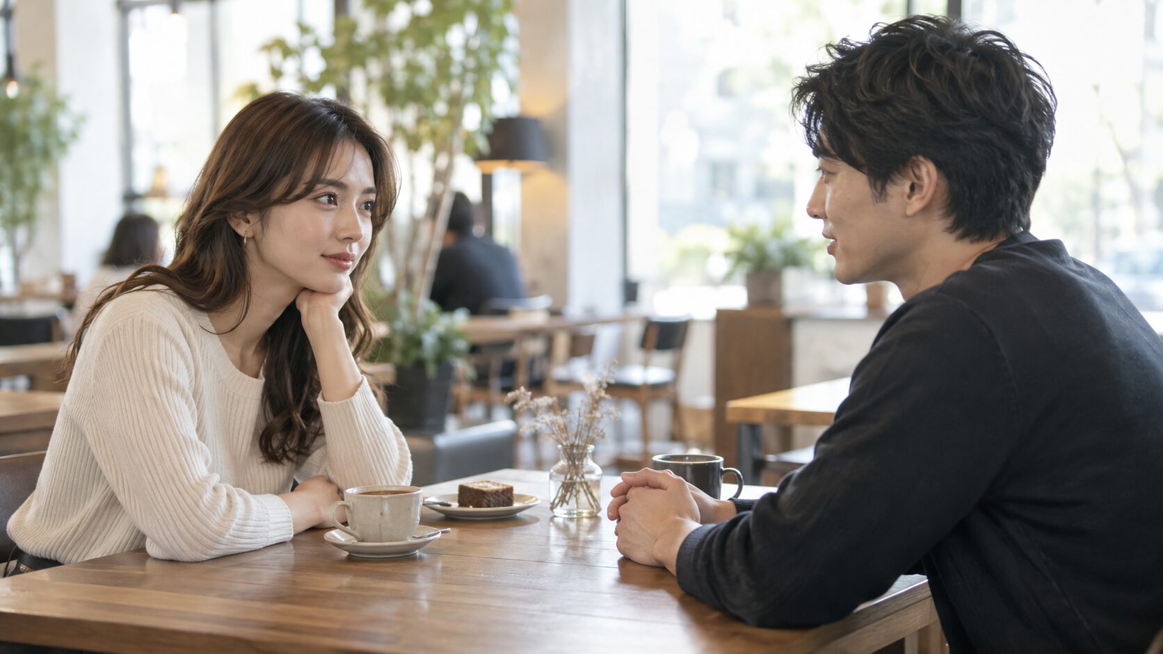 カフェで互いの話に耳を傾ける男女