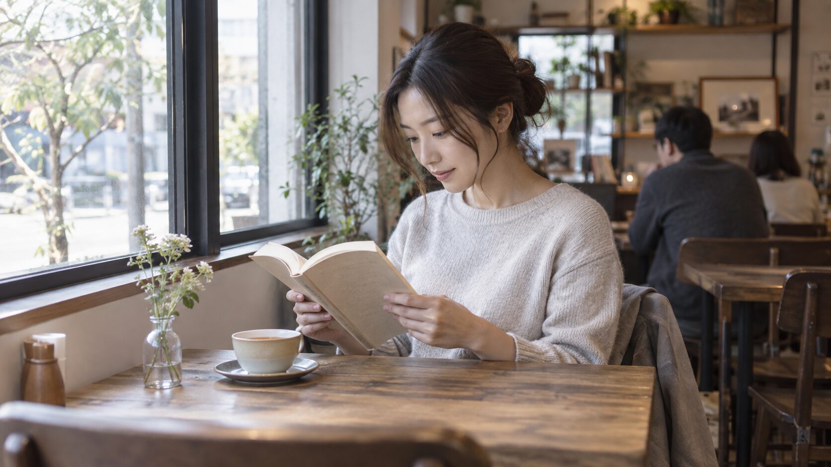カフェの窓際で一人で読書を楽しむ女性