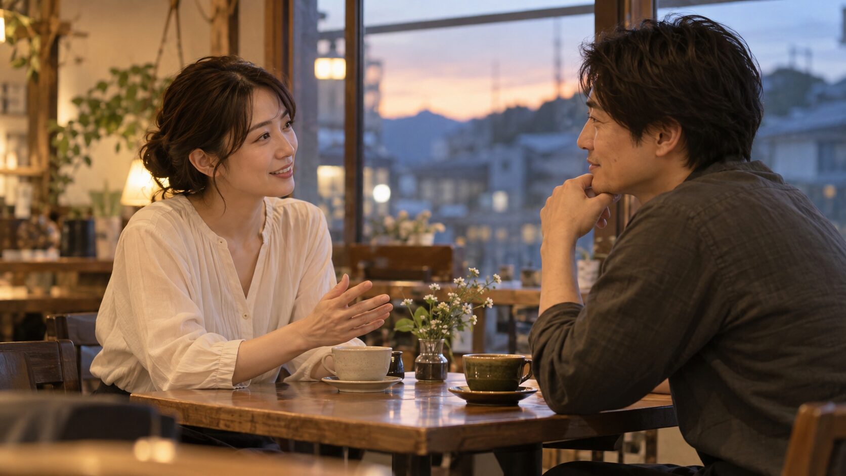 夕方のカフェで希望を伝え合う成人のカップル