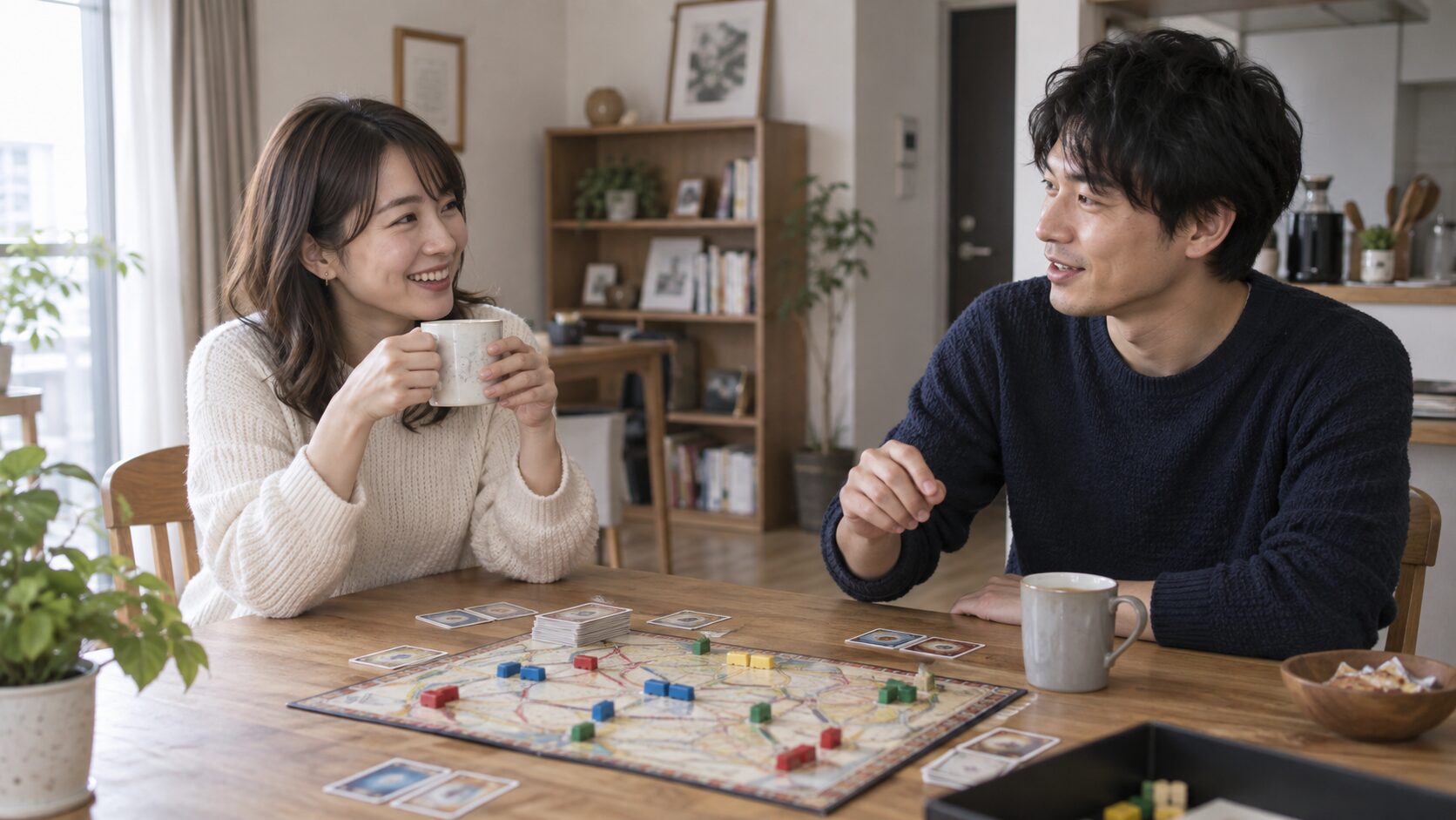 自宅でボードゲームを囲み会話を楽しむ男女