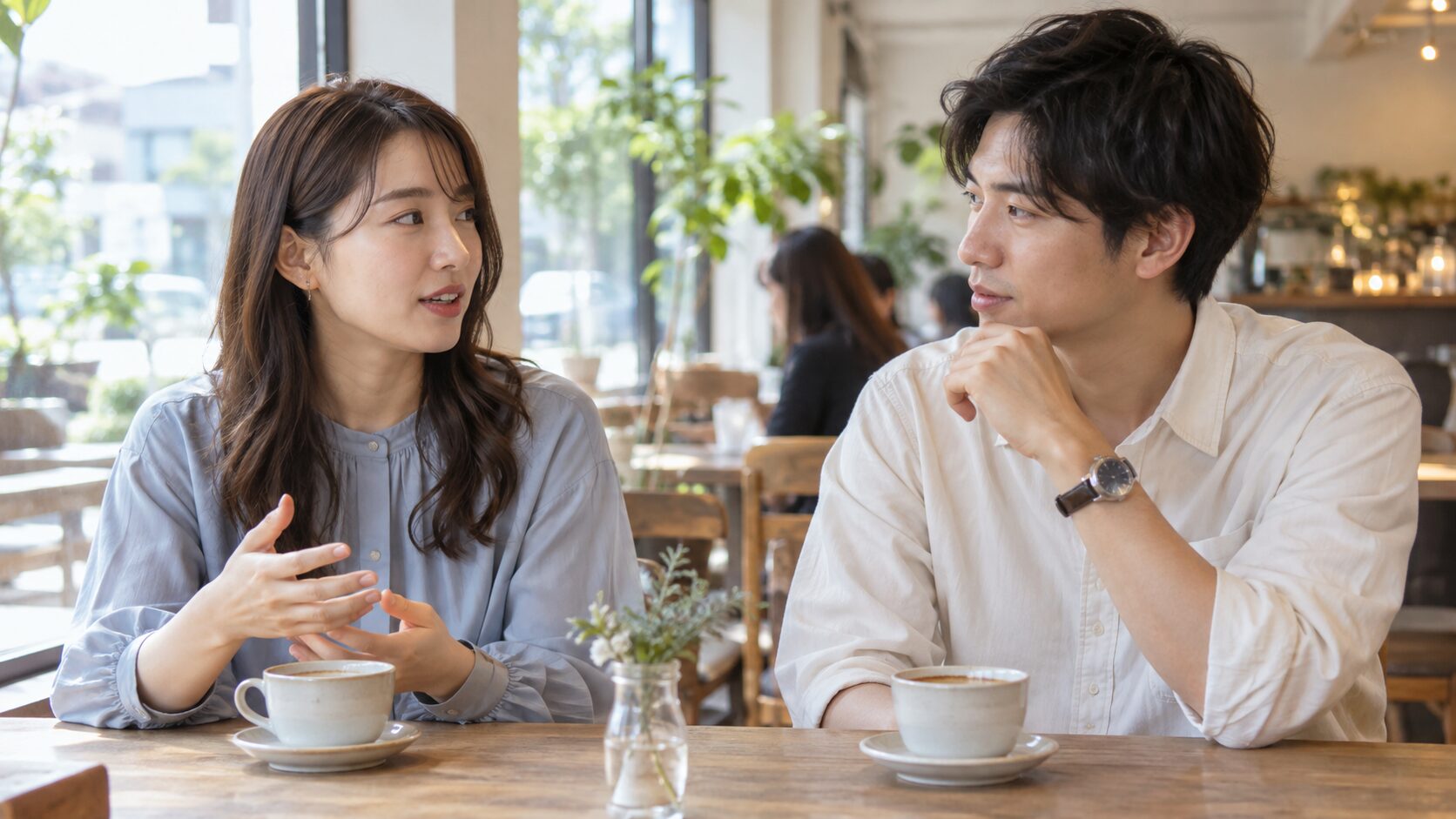カフェで穏やかに会話をする成人の男女
