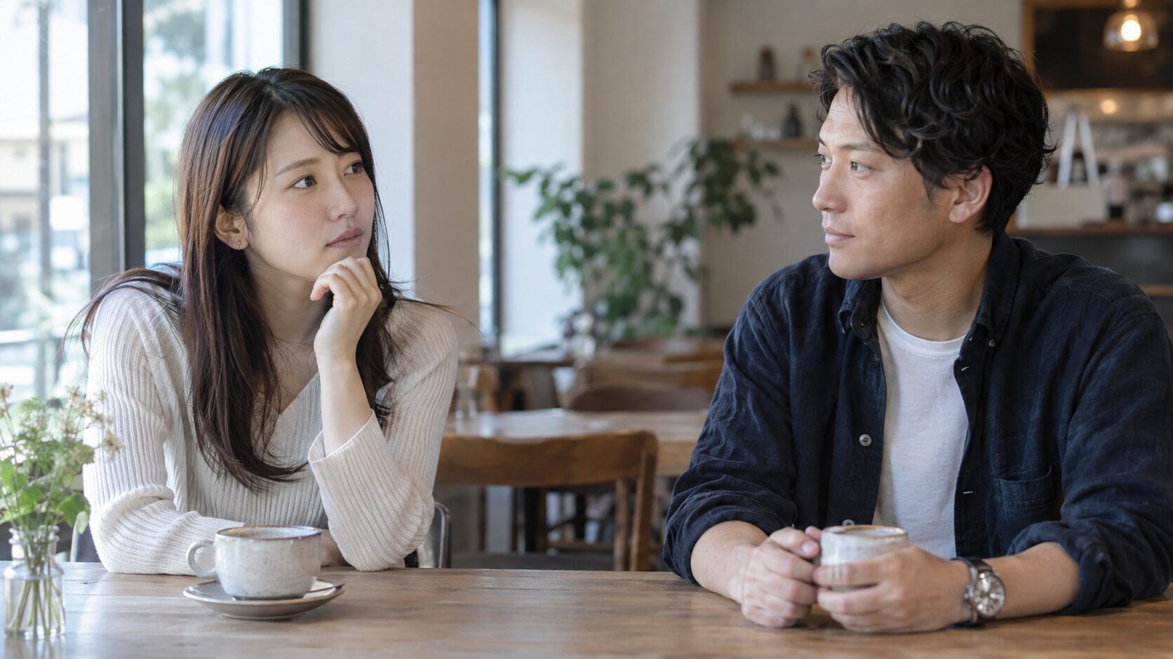 考える時間を取りながらカフェで会話をする成人の男女