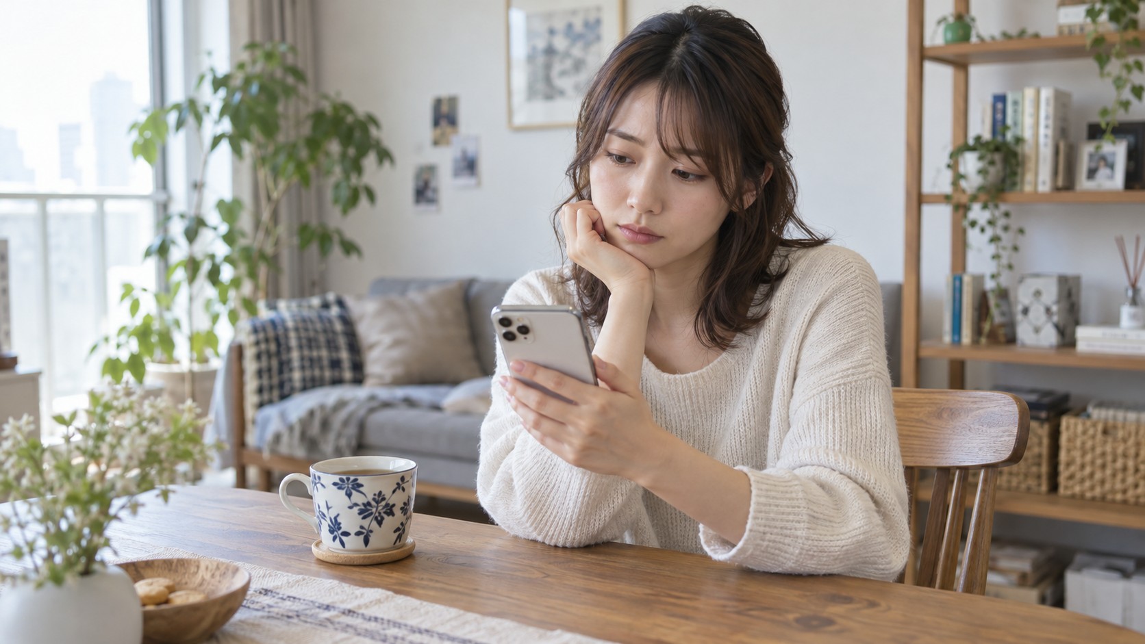 スマートフォンを確認しながら考える成人女性