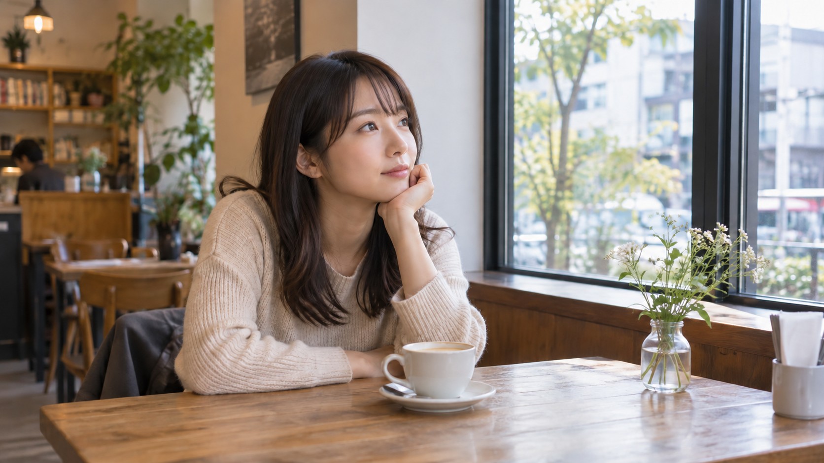 カフェの窓際で落ち着いて考える女性