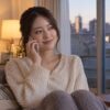 夕方の自宅でソファに座り電話で話す女性