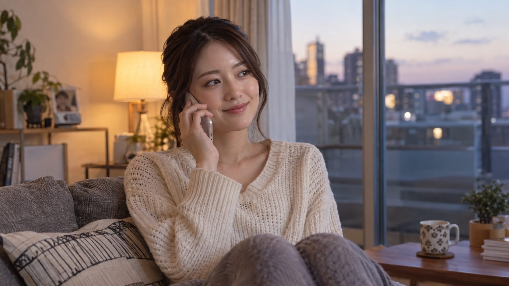夕方の自宅でソファに座り電話で話す女性