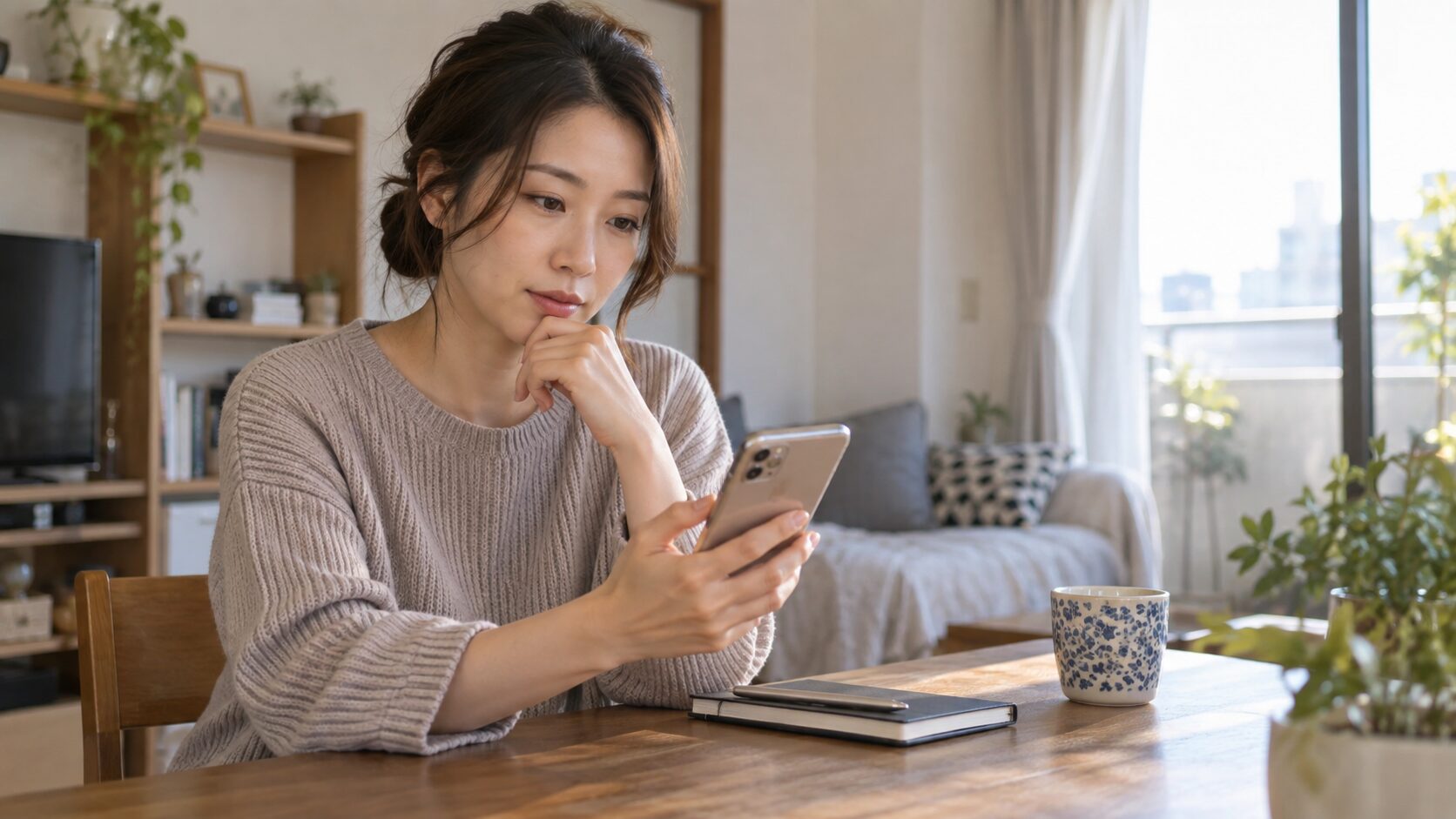 テーブルでスマートフォンの画面を見ながら考える女性