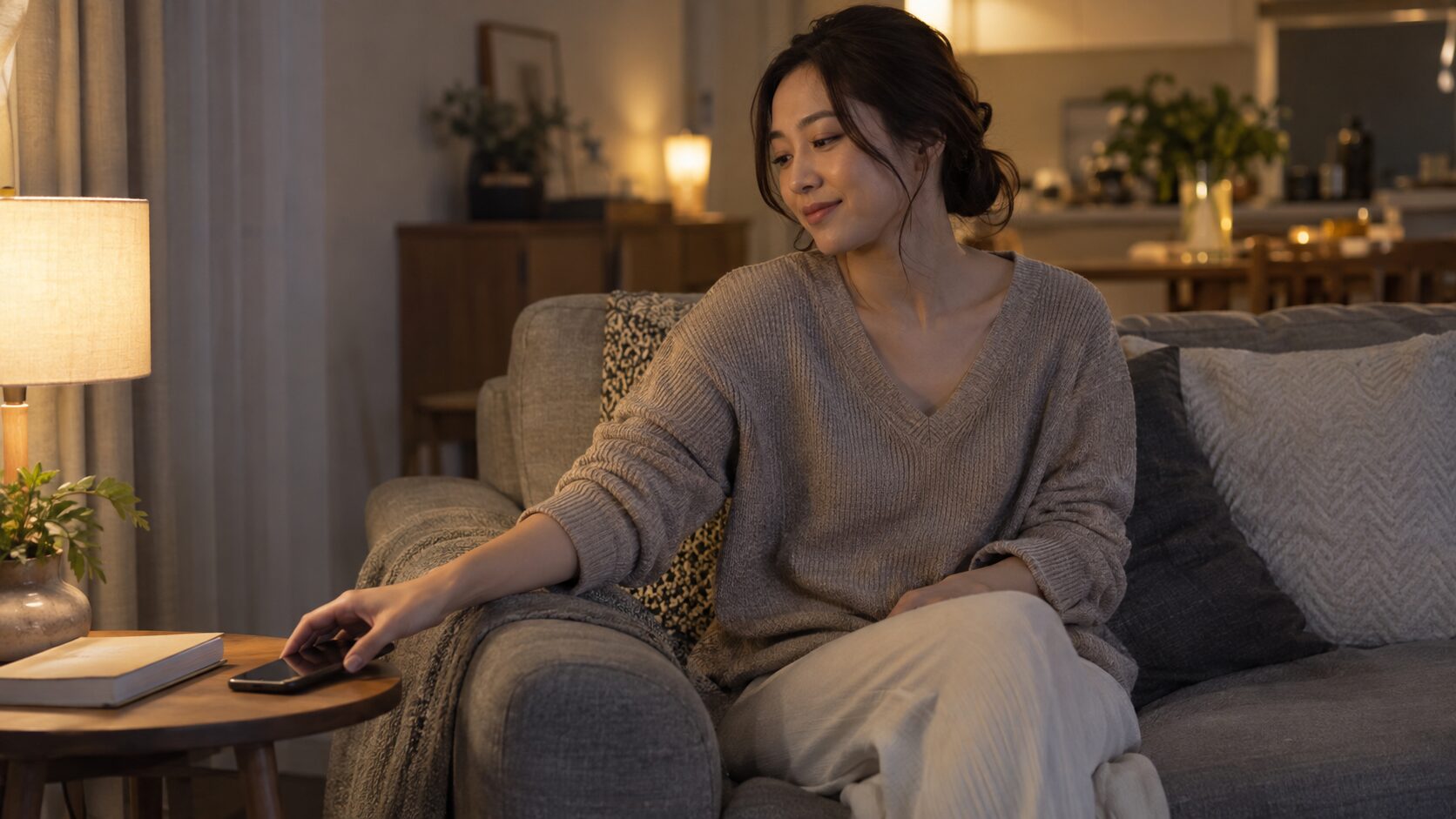 夜のリビングでスマートフォンをサイドテーブルに置く女性