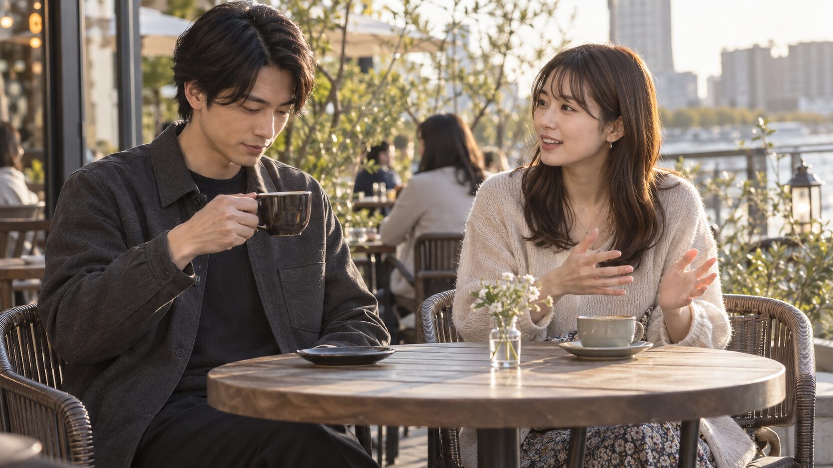 会話中に手元へ視線を向ける男性と話す女性