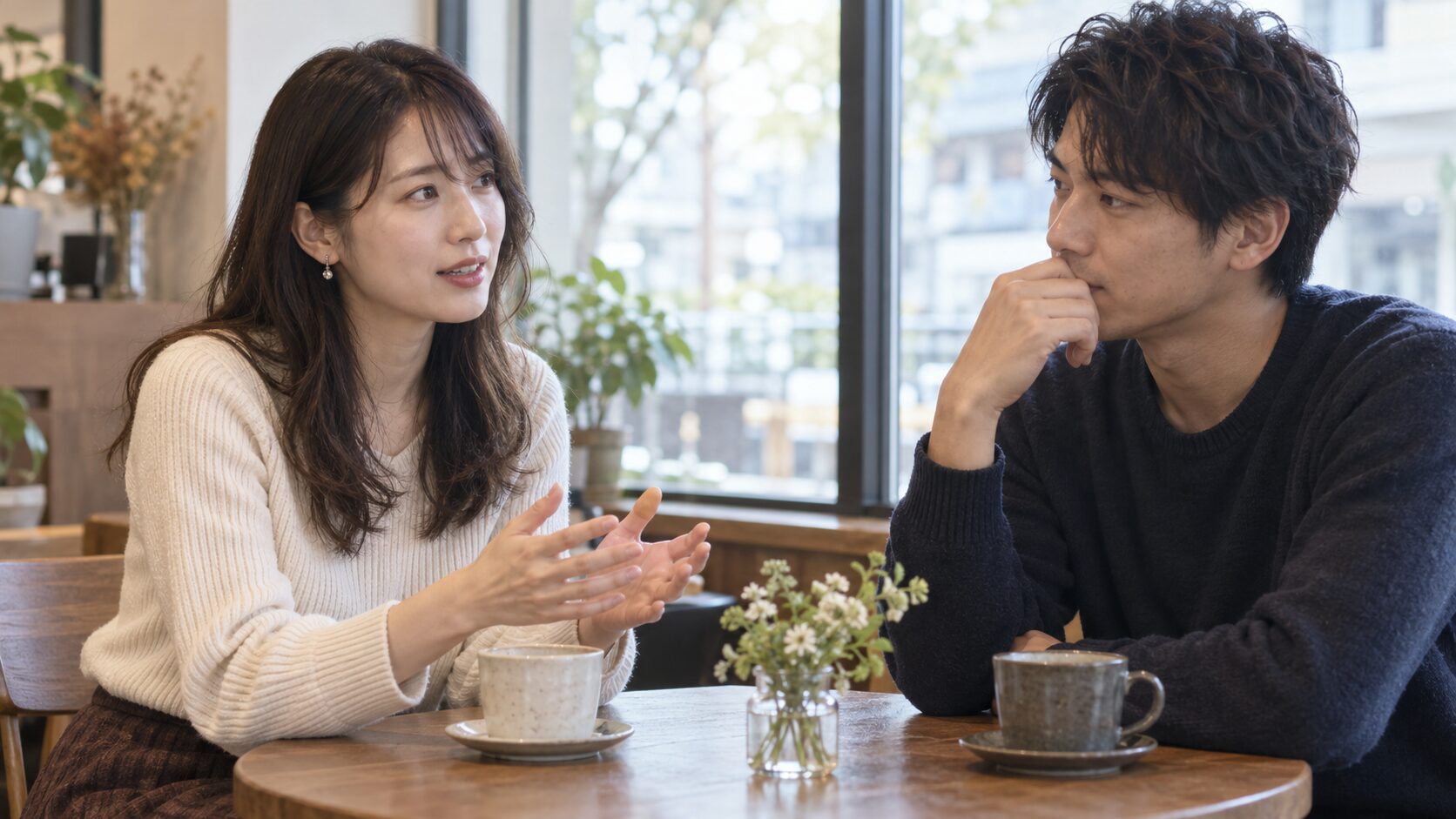カフェで落ち着いて話す男女