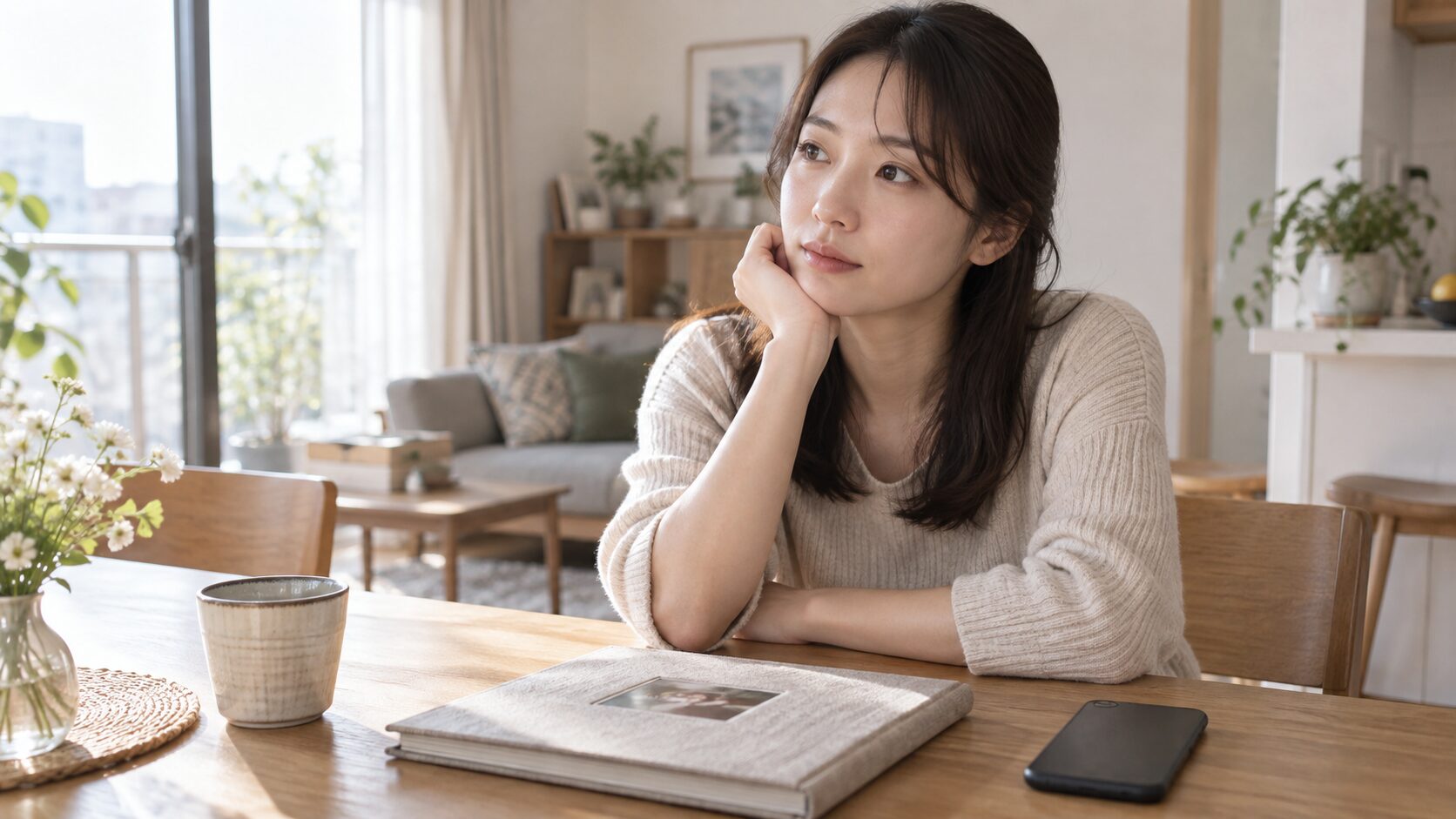 閉じたアルバムを前に考える女性