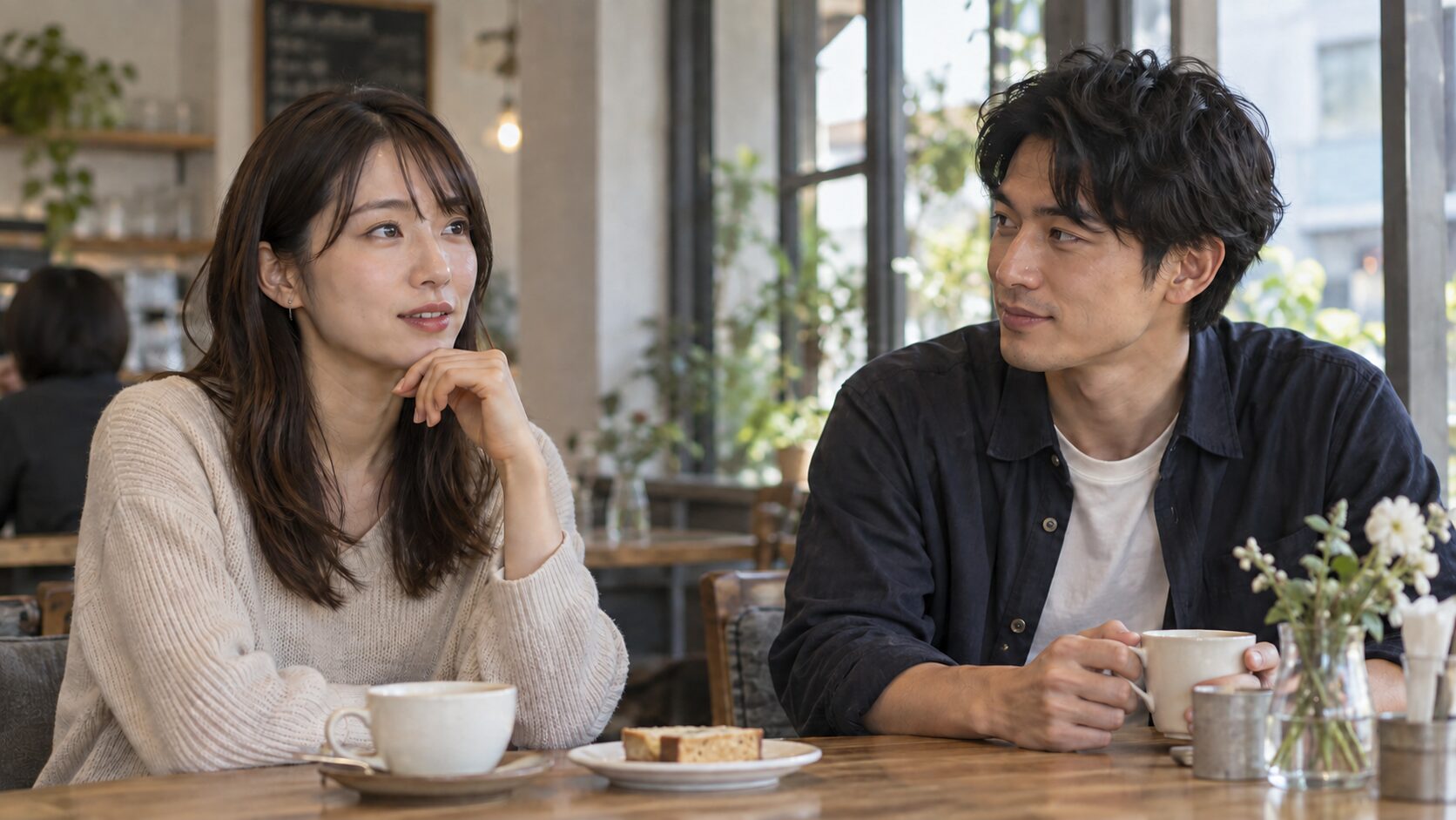 カフェで相手の話を聞きながら考える女性