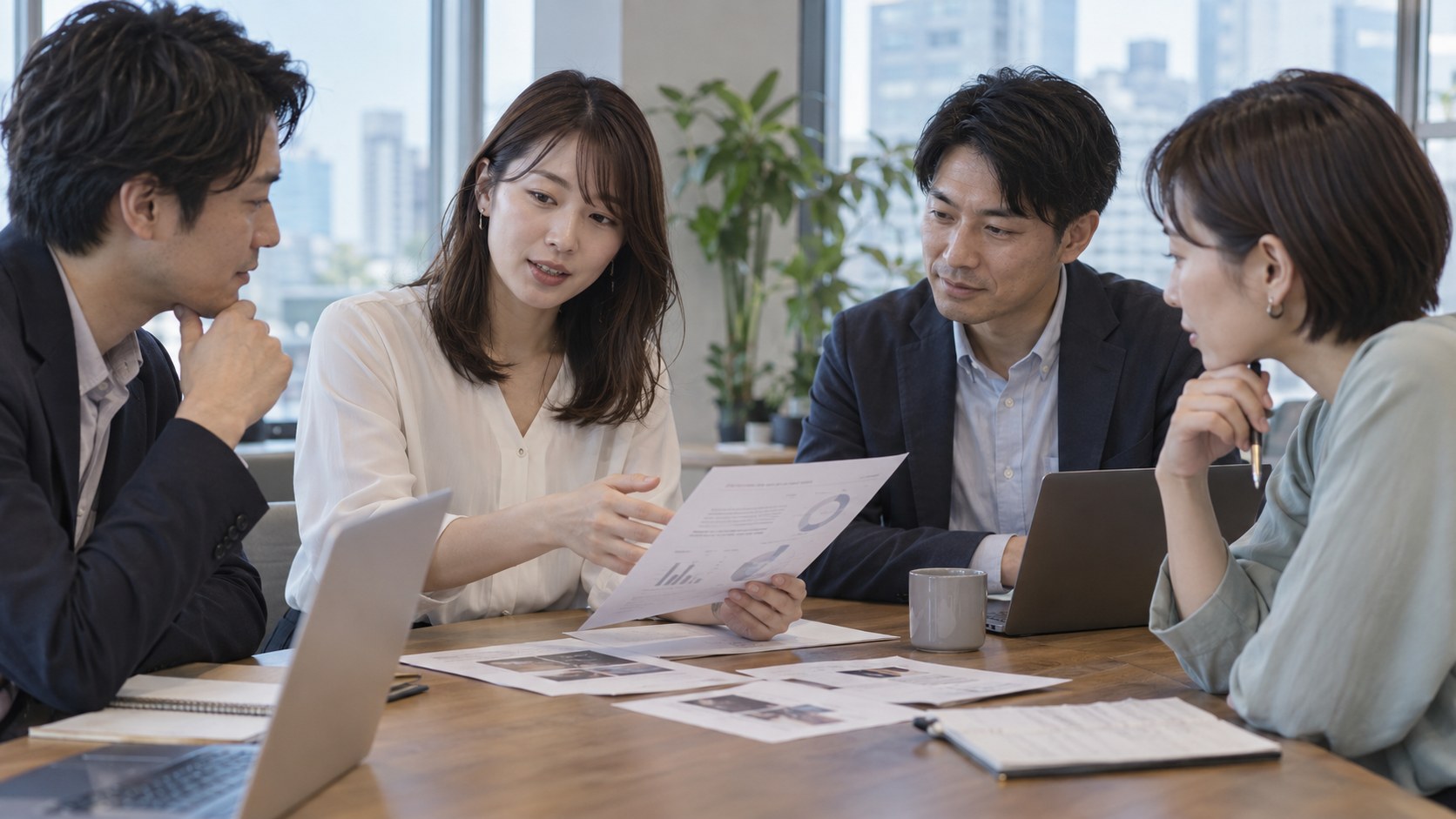 同僚と資料を確認する女性