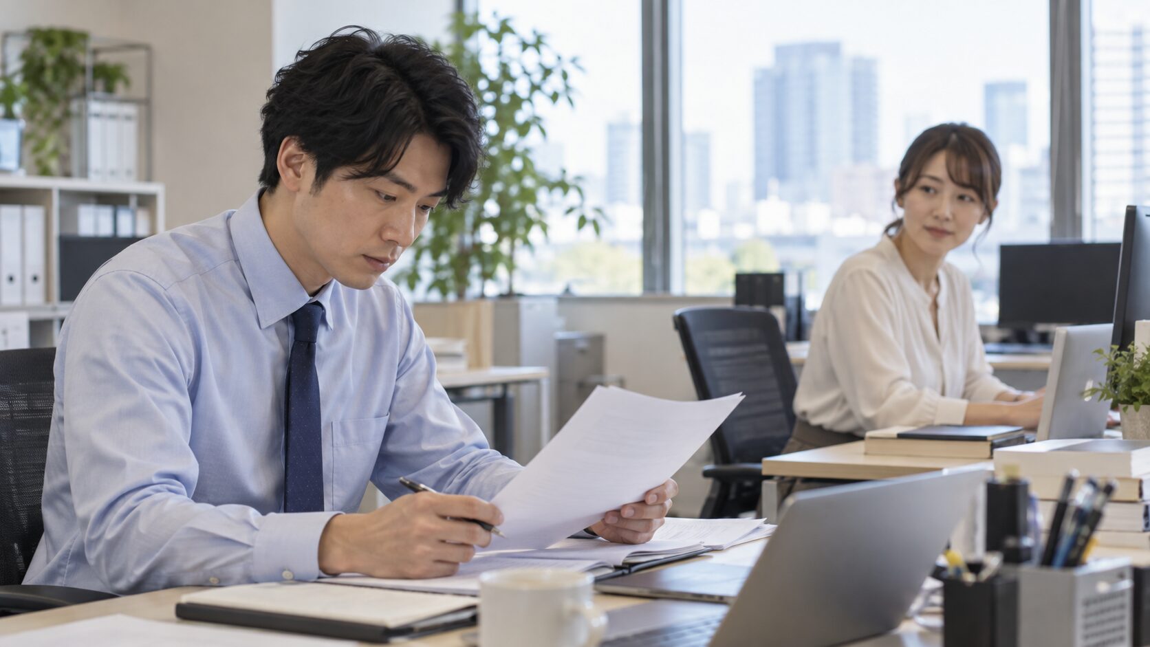 職場で資料を確認する男性と同僚の女性