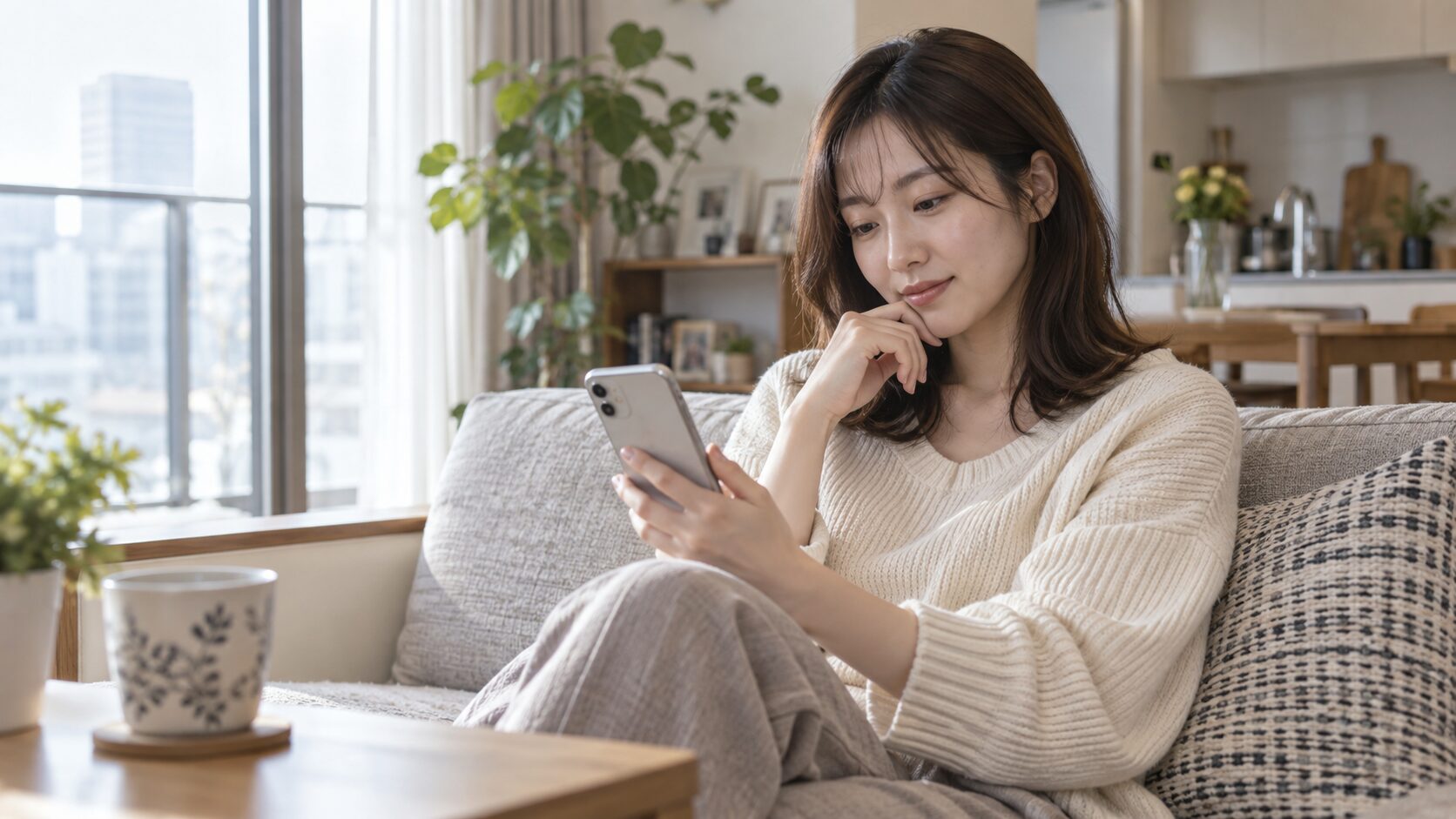 自宅のソファでスマートフォンを確認する成人女性