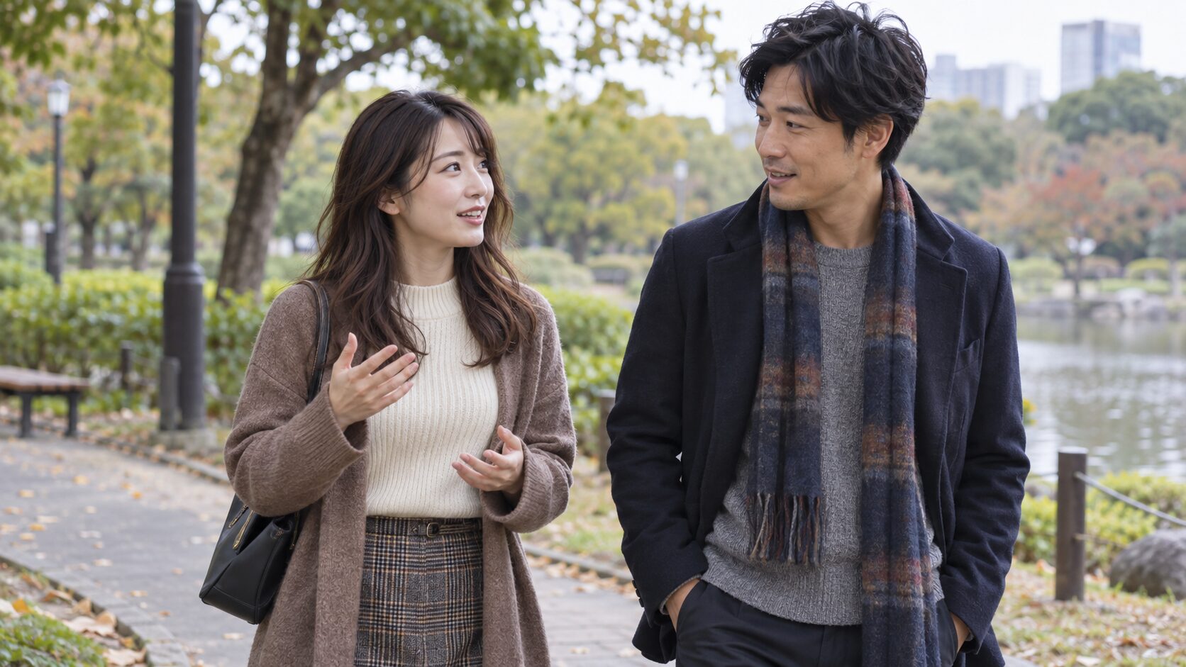 公園を歩きながら会話を楽しむ男女