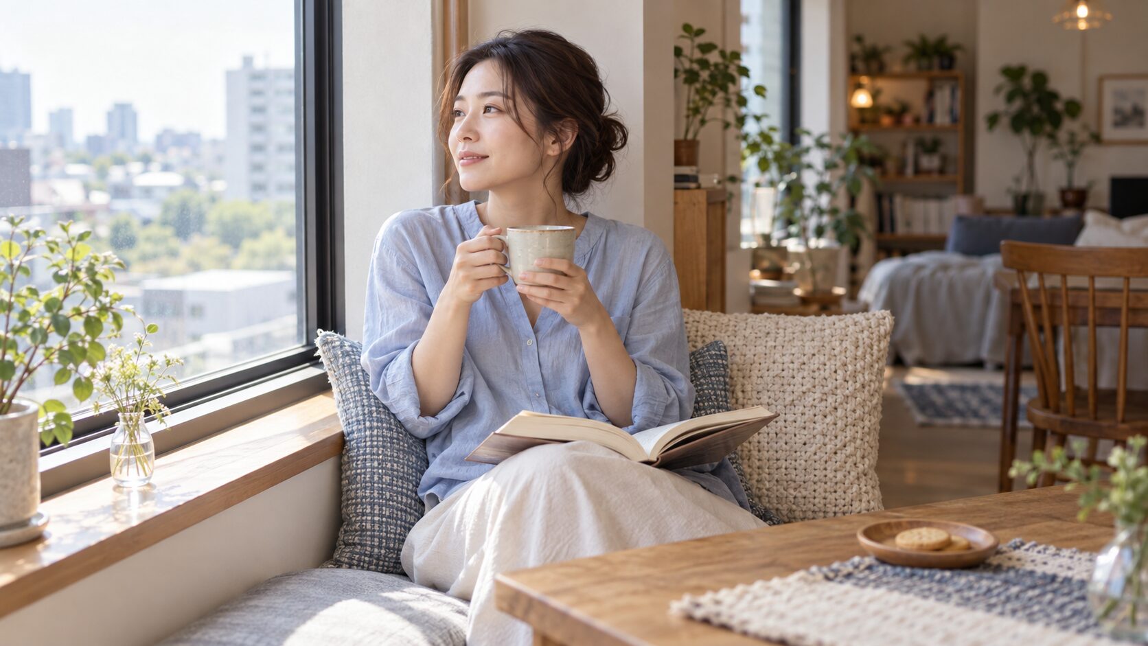 窓辺でお茶を飲みながらくつろぐ女性