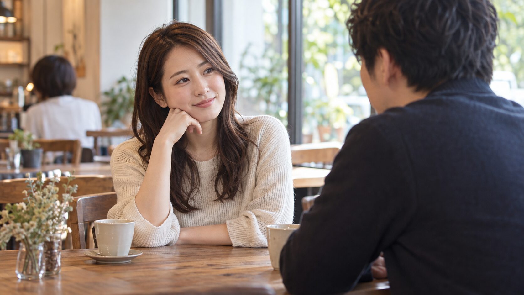 カフェで男性と穏やかに会話する女性