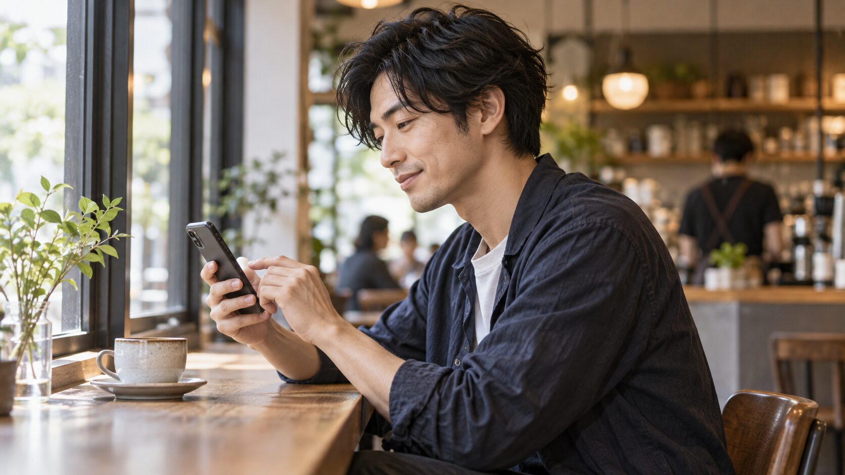スマートフォンで落ち着いて返信を考える男性