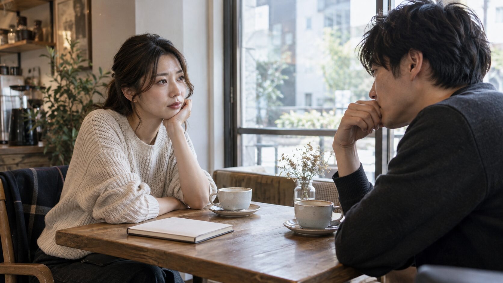 カフェで関係について考える男女