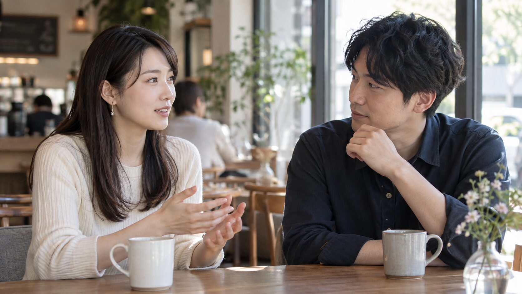 カフェで今後の希望について穏やかに話し合う男女