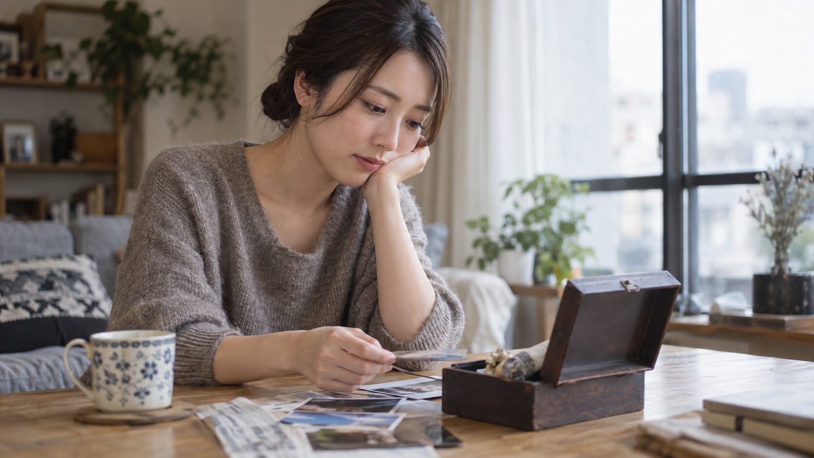 思い出の品を見ながらこれまでの関係を振り返る女性