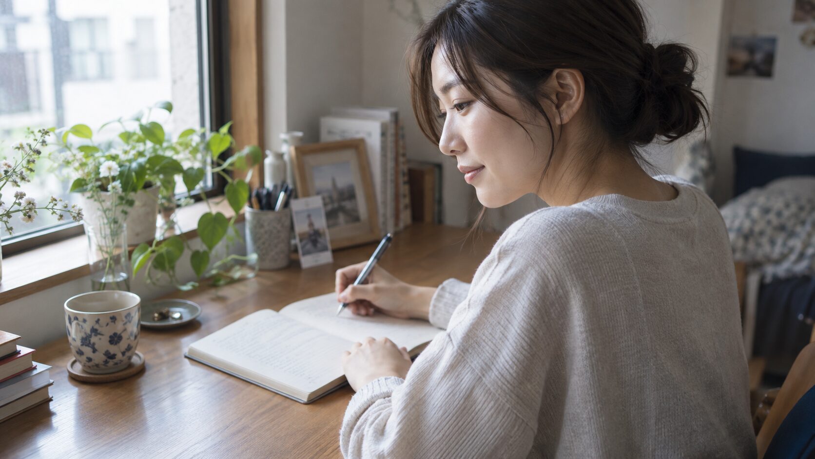 窓辺の机で自分の気持ちをノートに整理する女性