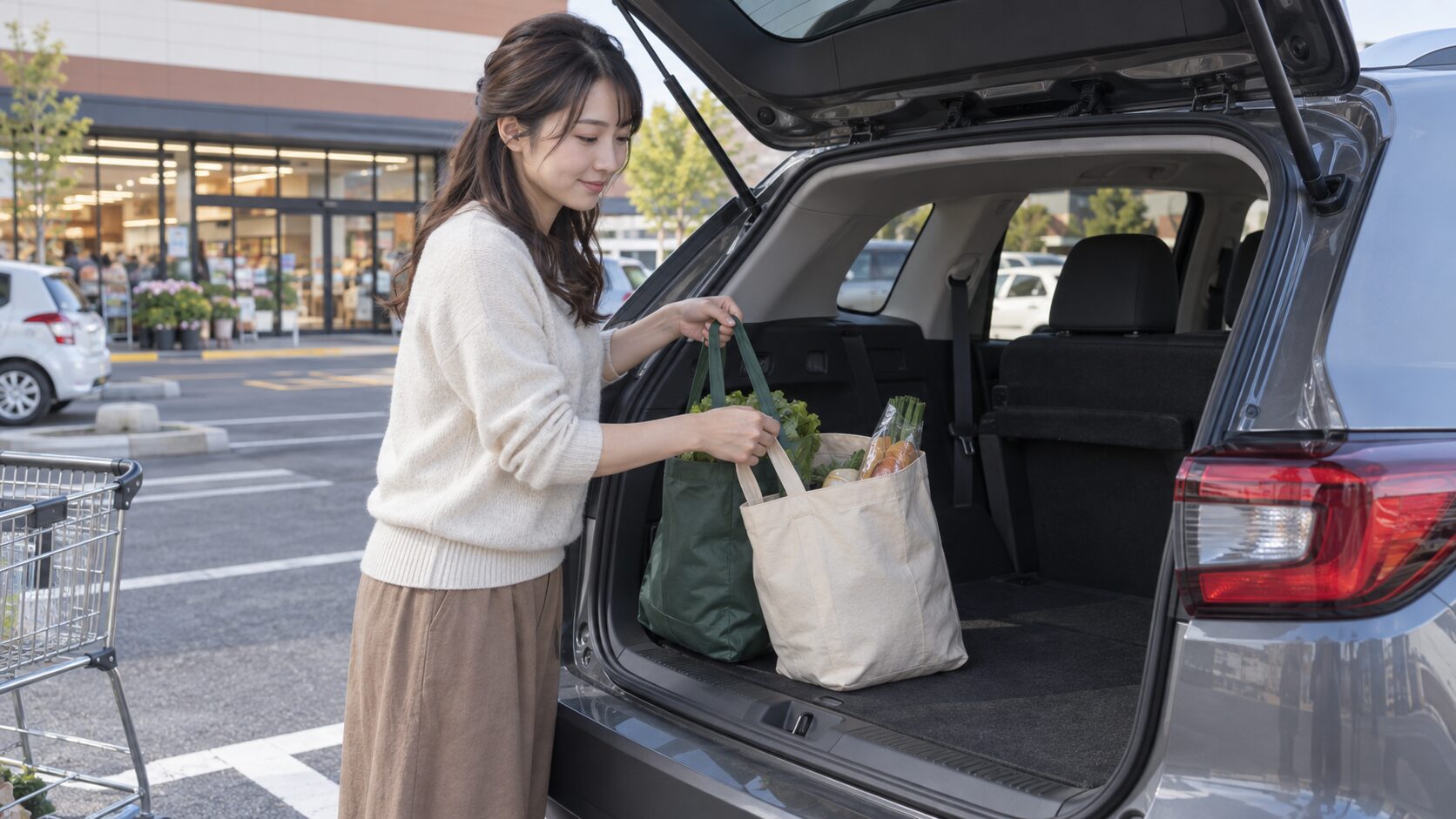 買い物の荷物を駐車中のSUVに積む成人女性
