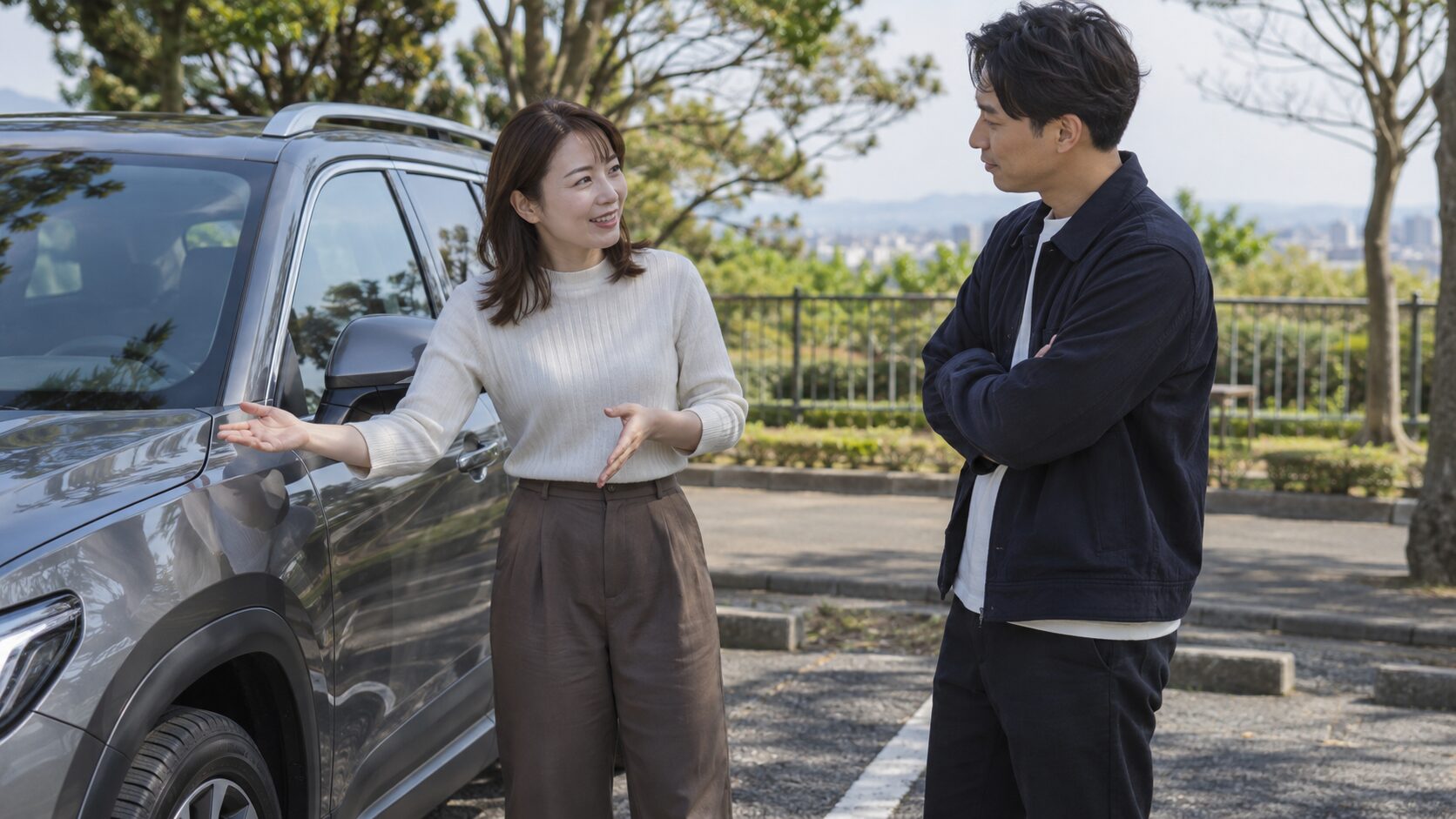 停車中のSUVのそばで会話をする成人の男女