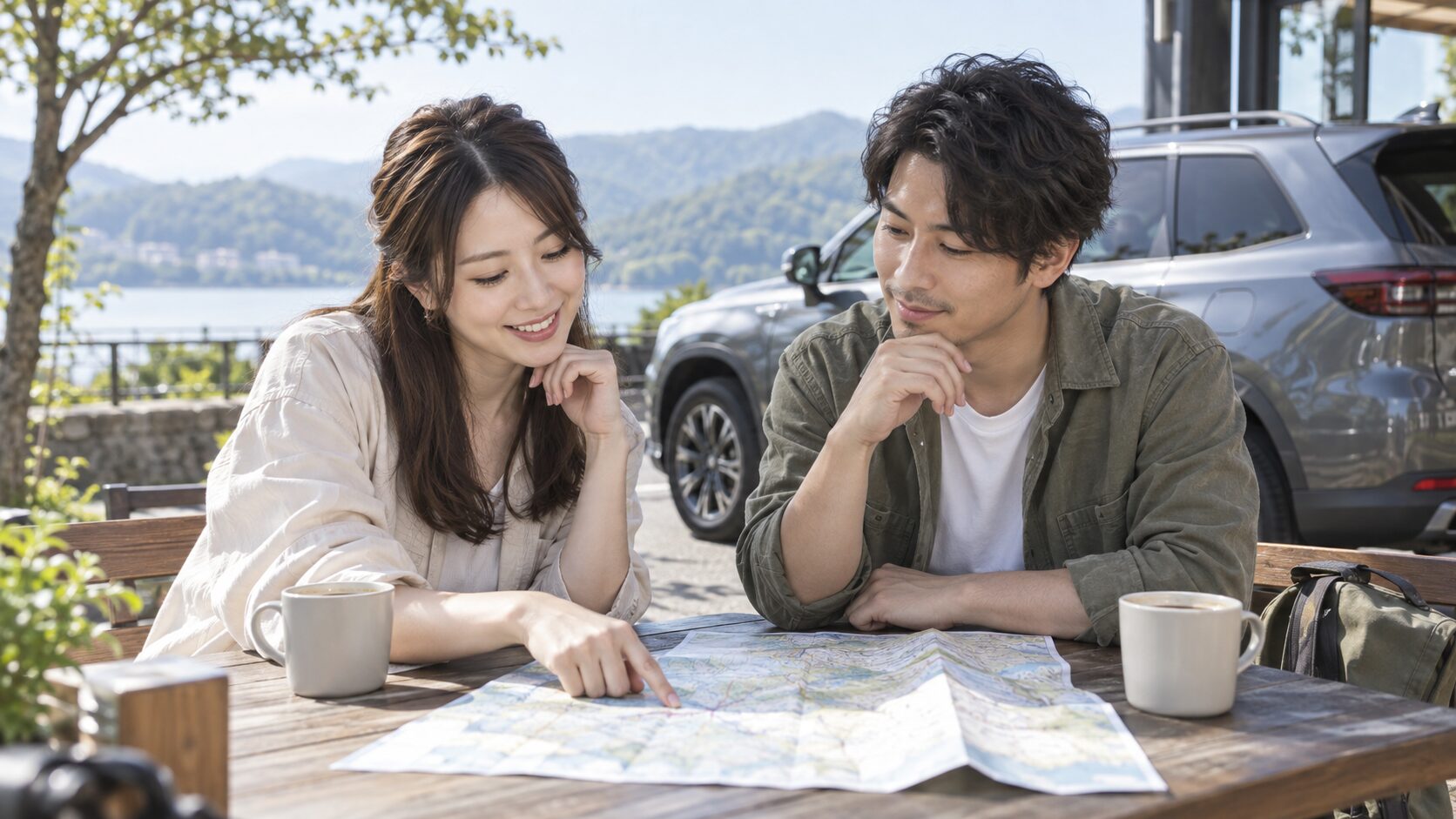 カフェで外出の予定を相談する成人の男女