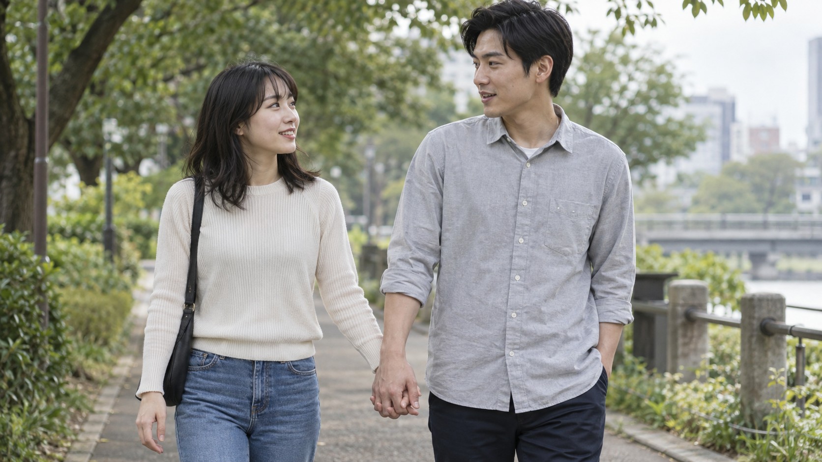 公園を歩きながら自然に手を繋いで会話する男女