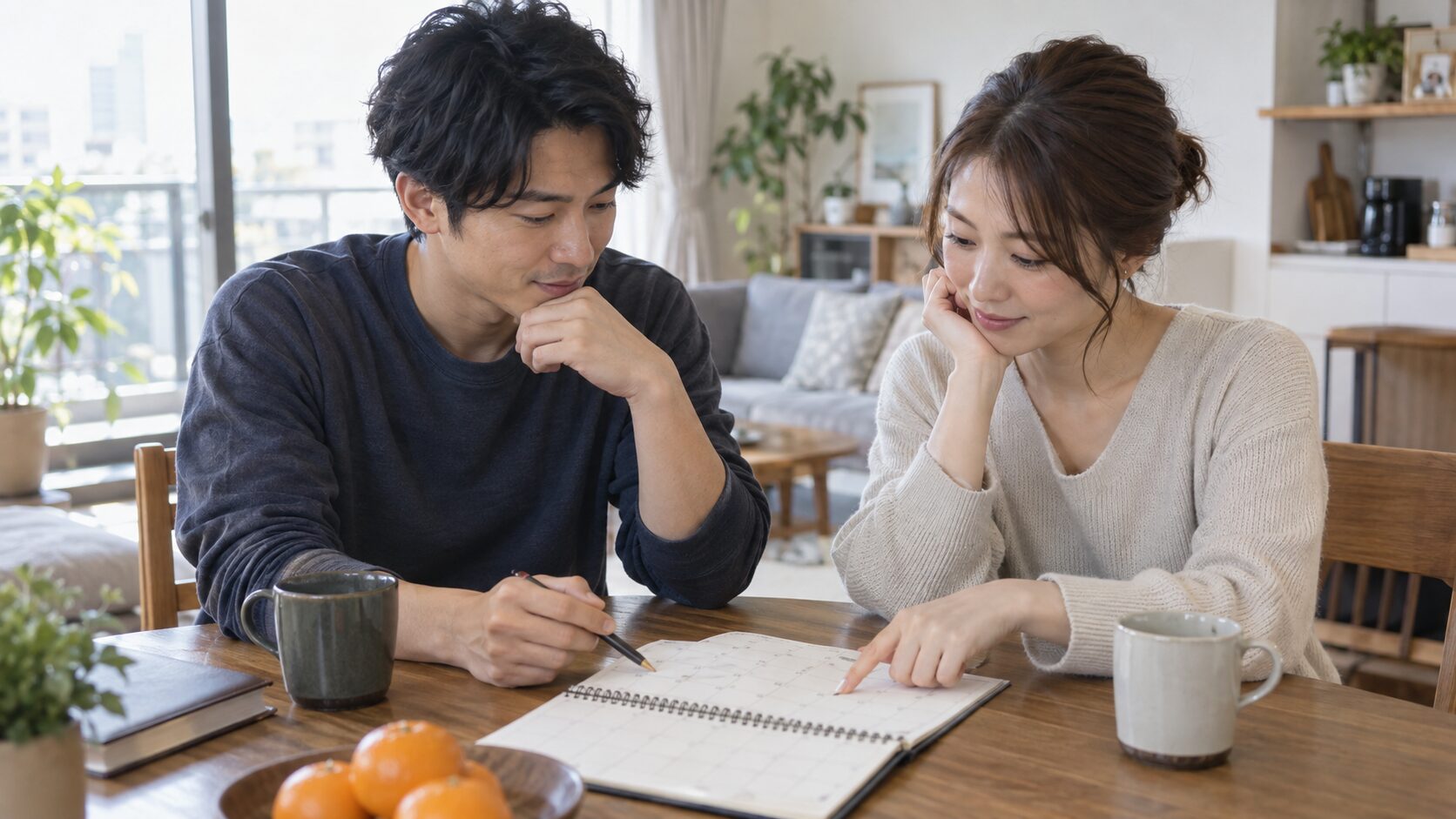 自宅でカレンダーを見ながら予定を話し合う男女