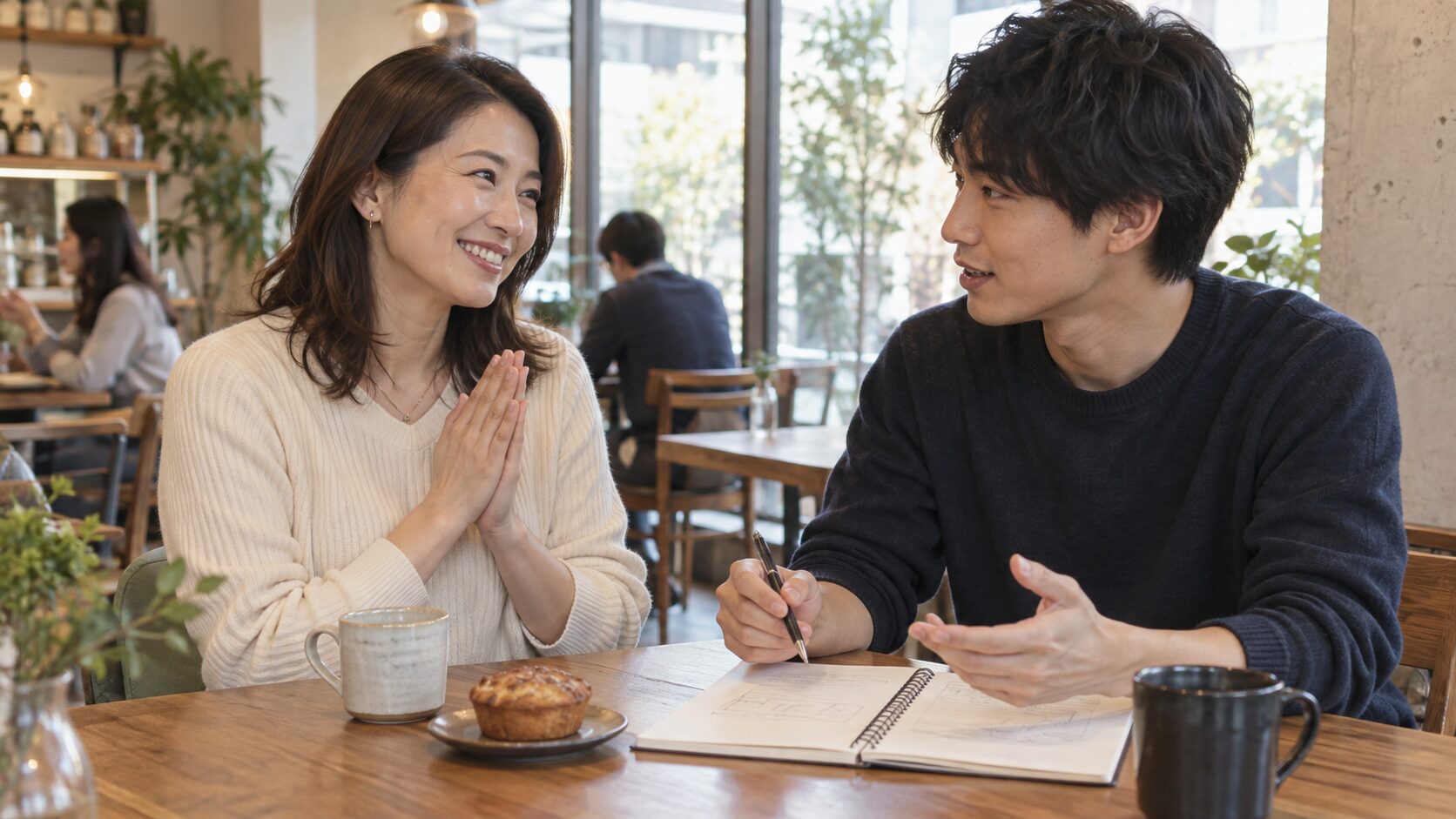 カフェで男性の説明を聞き感謝を伝える成人女性